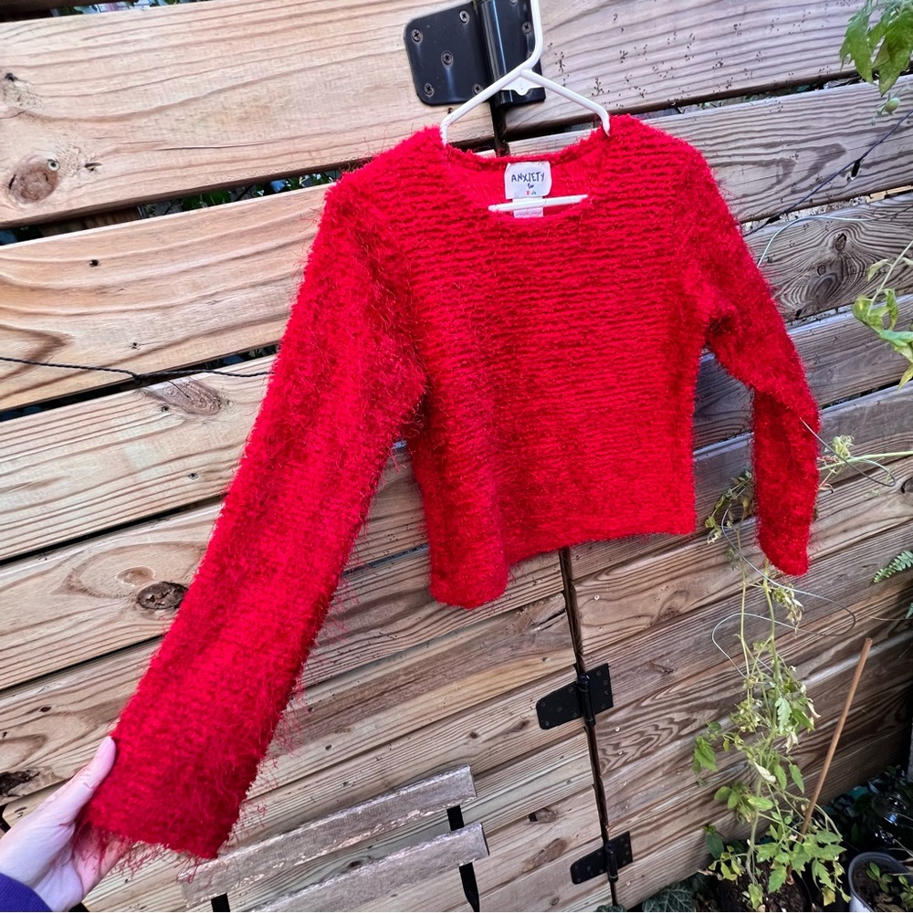 Rare Vintage “Anxiety for Kids” Red Fuzzy Long Sleeve Sweater